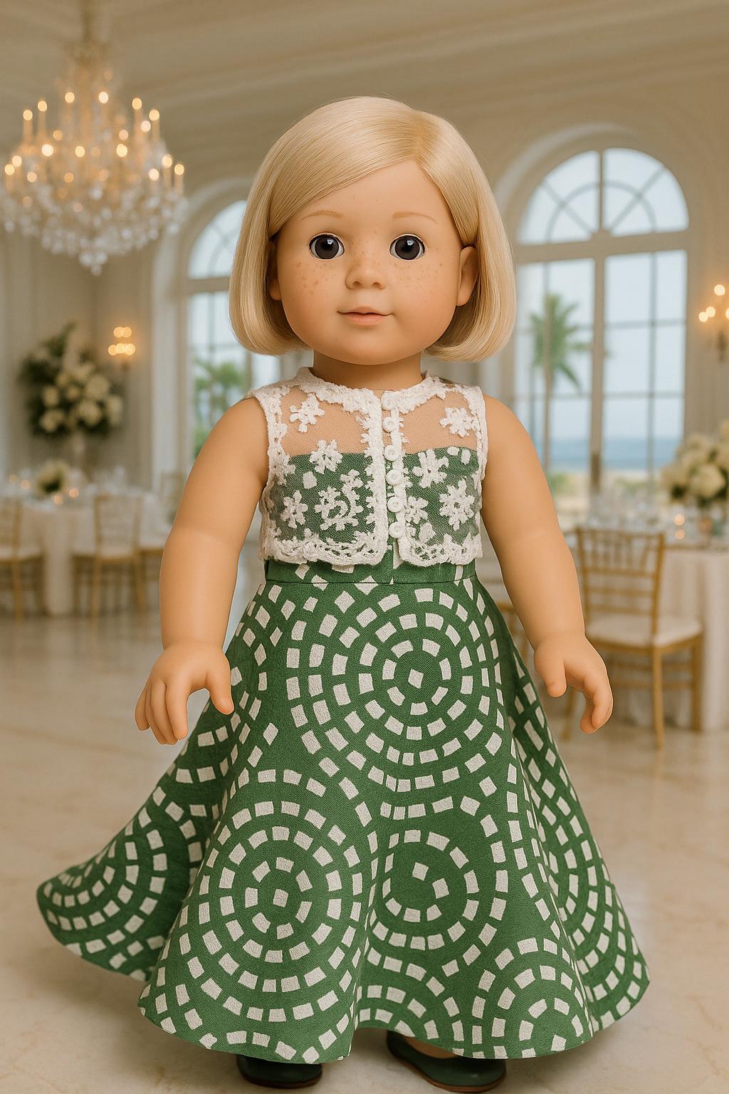 May include: A doll with blonde hair and blue eyes wearing a green dress with a white circular pattern. The doll's top is white with floral lace detailing. The doll is in a well-lit room with a chandelier.