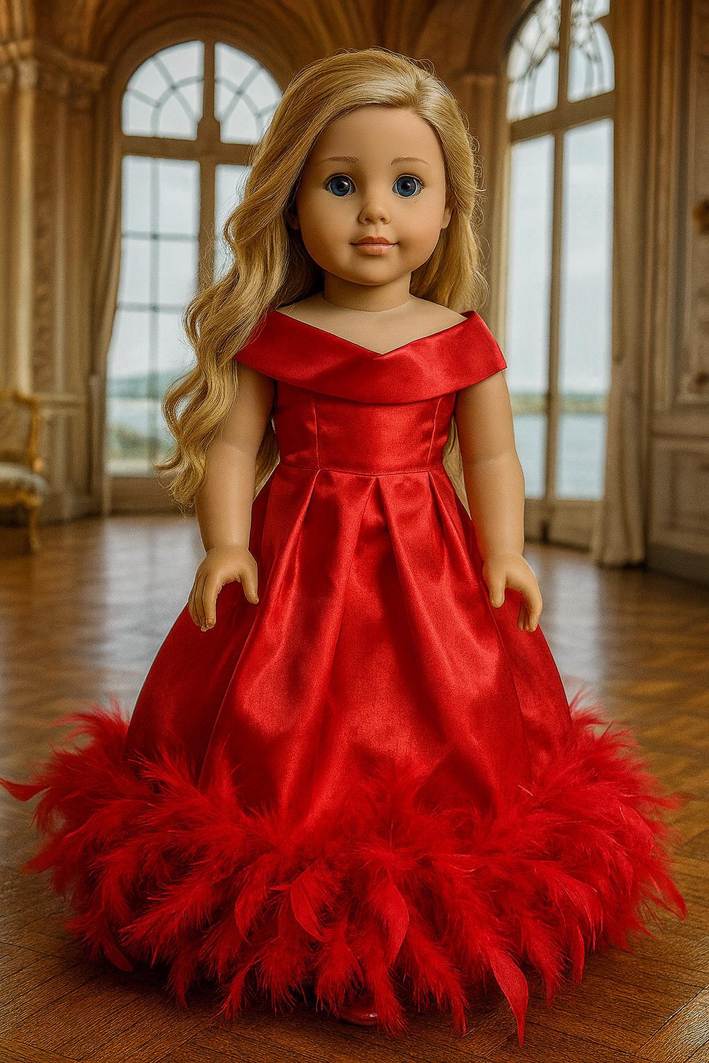 May include: A doll wearing a red satin gown with a feathered hem. The off-the-shoulder dress has a fitted bodice and a full skirt. The doll has long blonde hair and blue eyes. The background is a room with large windows.