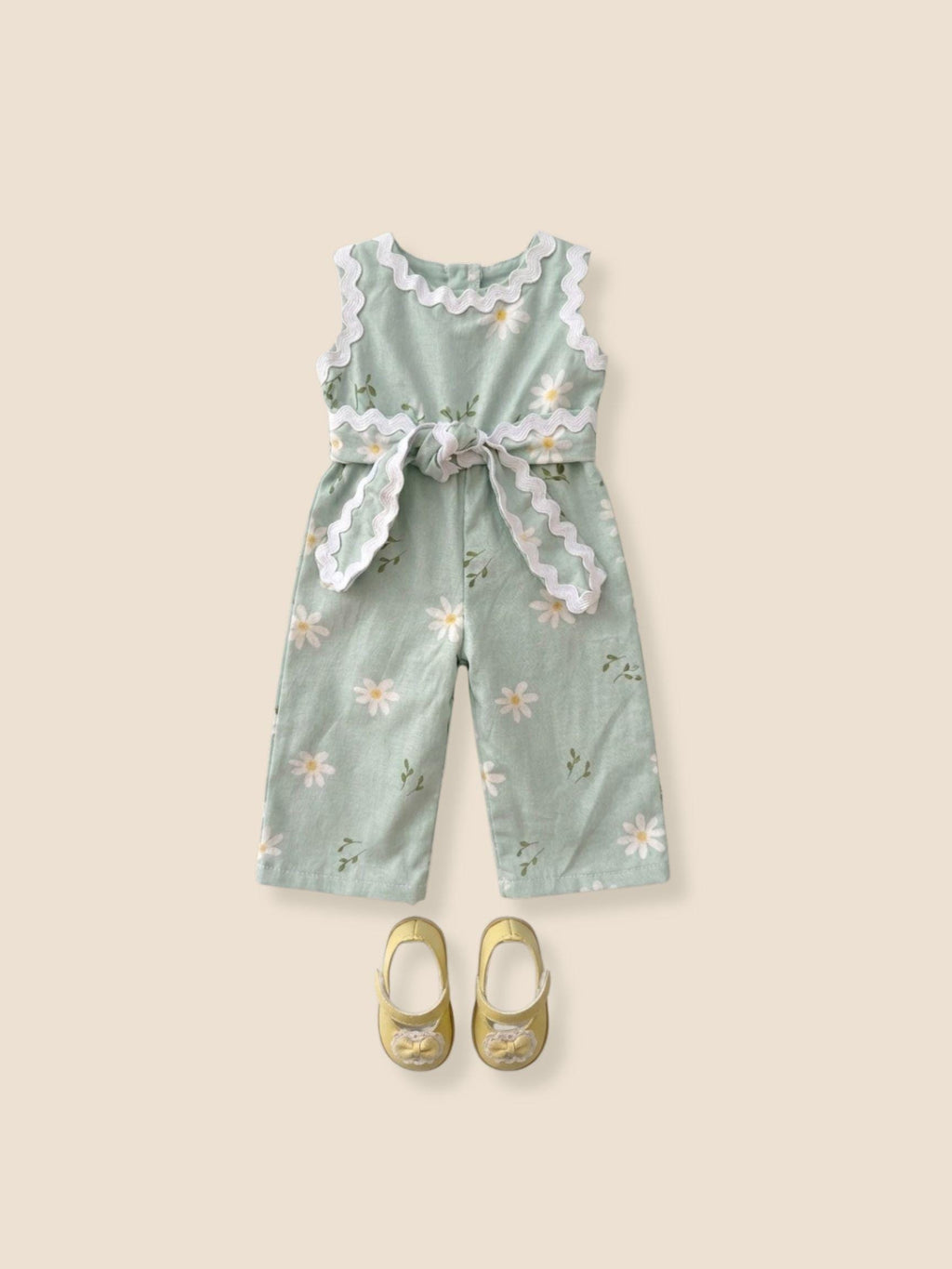 Sage Green Daisy Wide-Leg Jumpsuit with Yellow Bow Shoes, 18 Inch Doll Outfit - The Capri