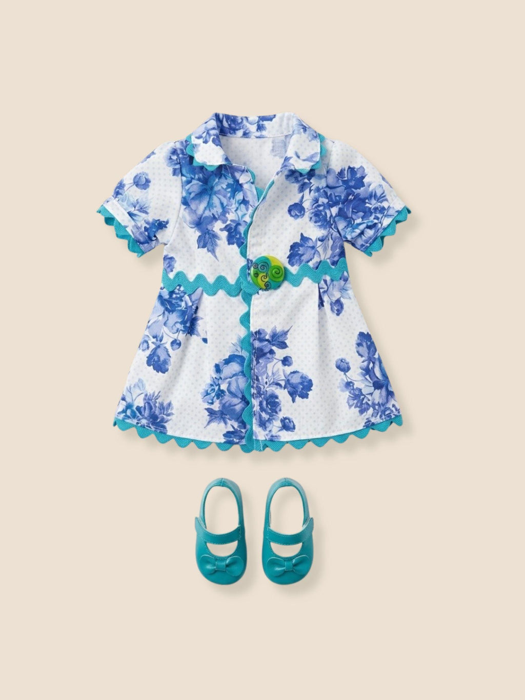 Blue Floral Shirt Dress with Turquoise Bow Shoes, 18 Inch Doll Outfit - The Marina
