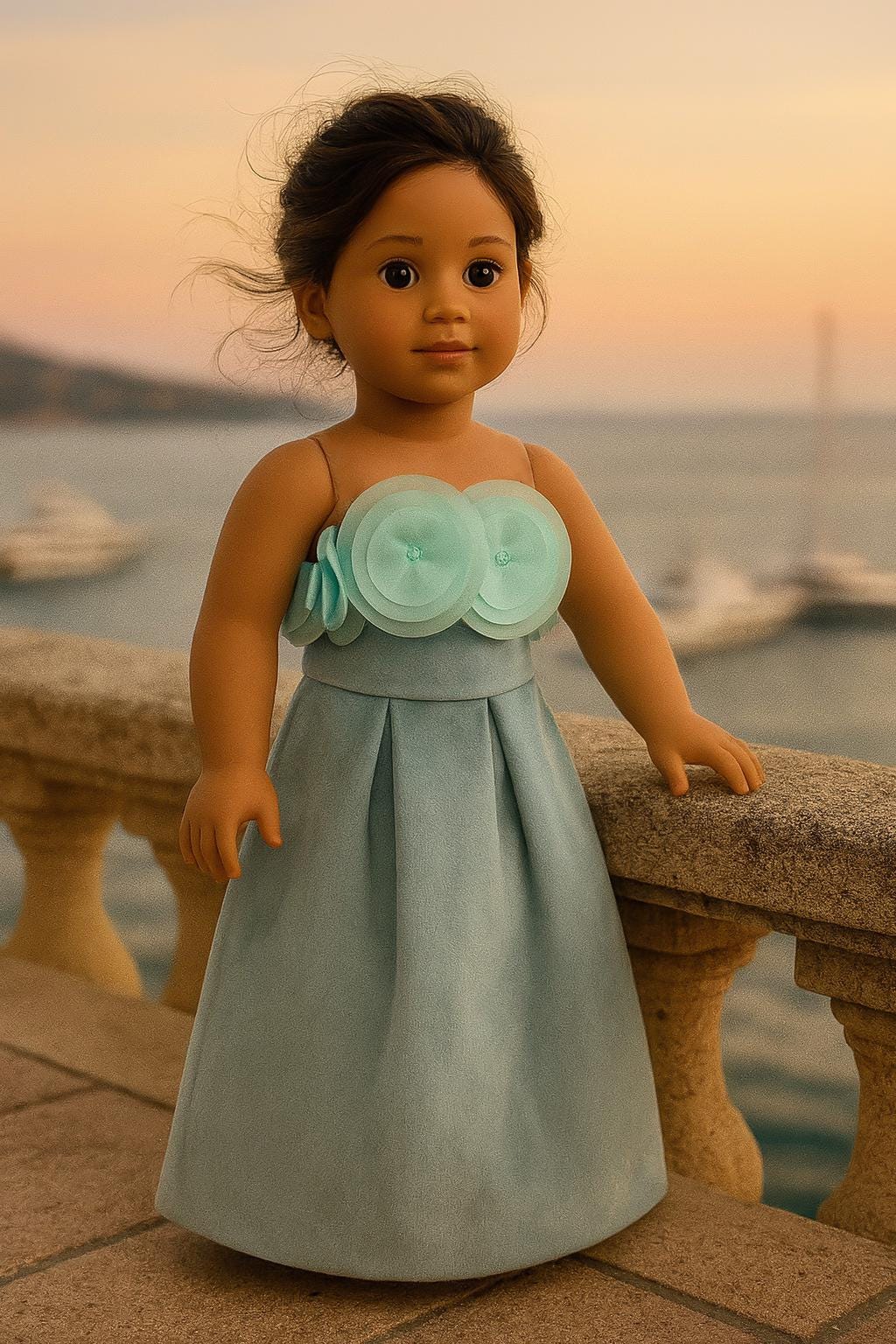 Dusty Blue Suede Gown with Mint Rosette Bodice, 18 Inch Doll Outfit— The Marilyn