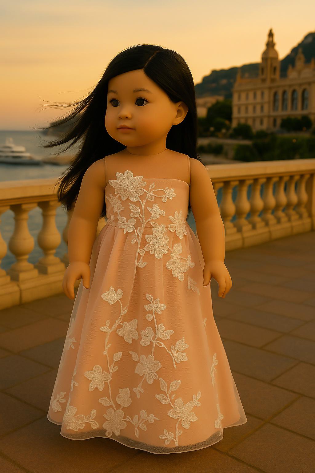 Blush Pink Gown with White Floral Lace Embroidery, 18 Inch Doll Outfit— The Sofia