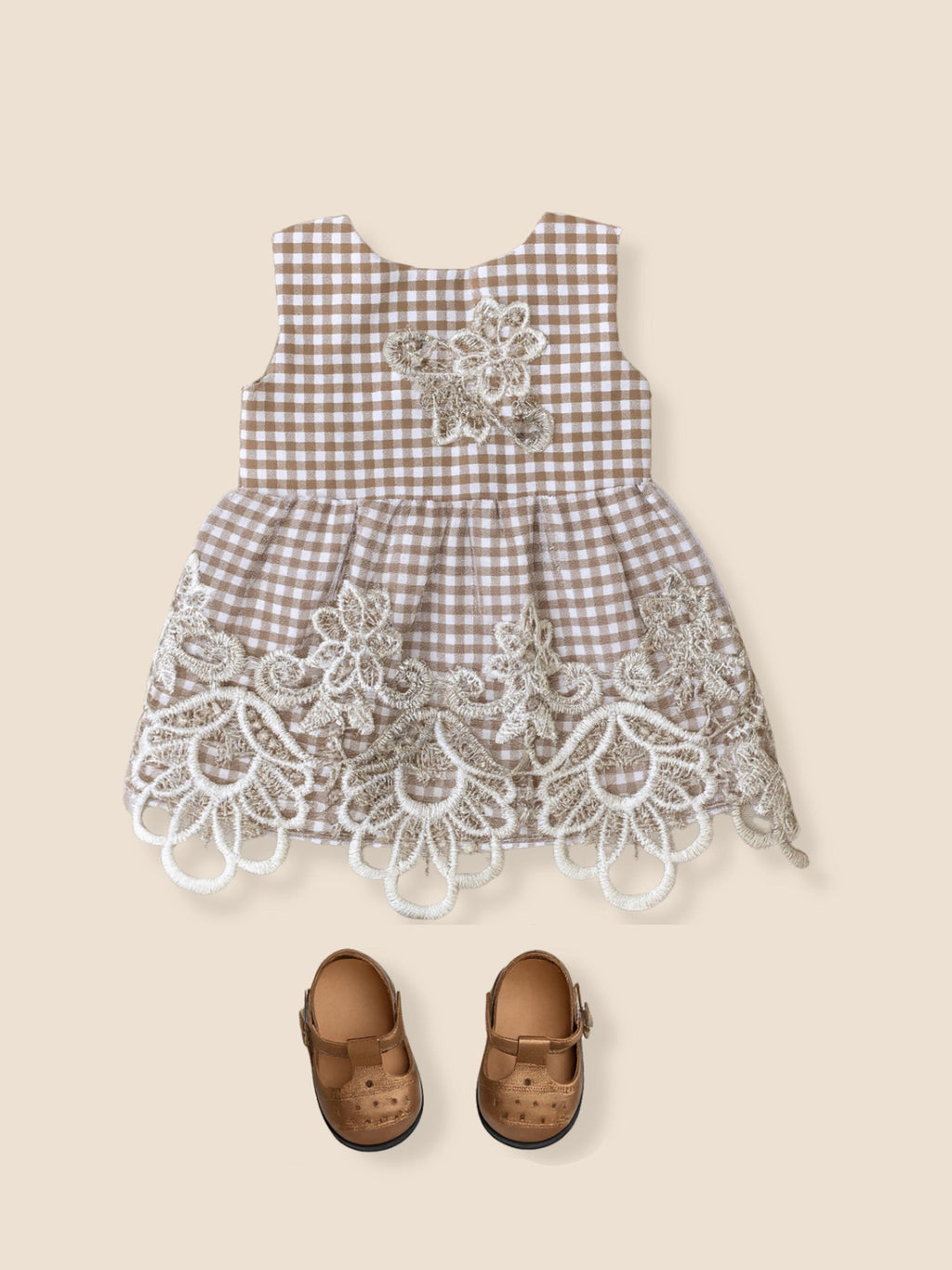 Taupe Gingham Dress with Scalloped Lace Hem & Floral Applique, 18 Inch Doll Outfit— The Harper
