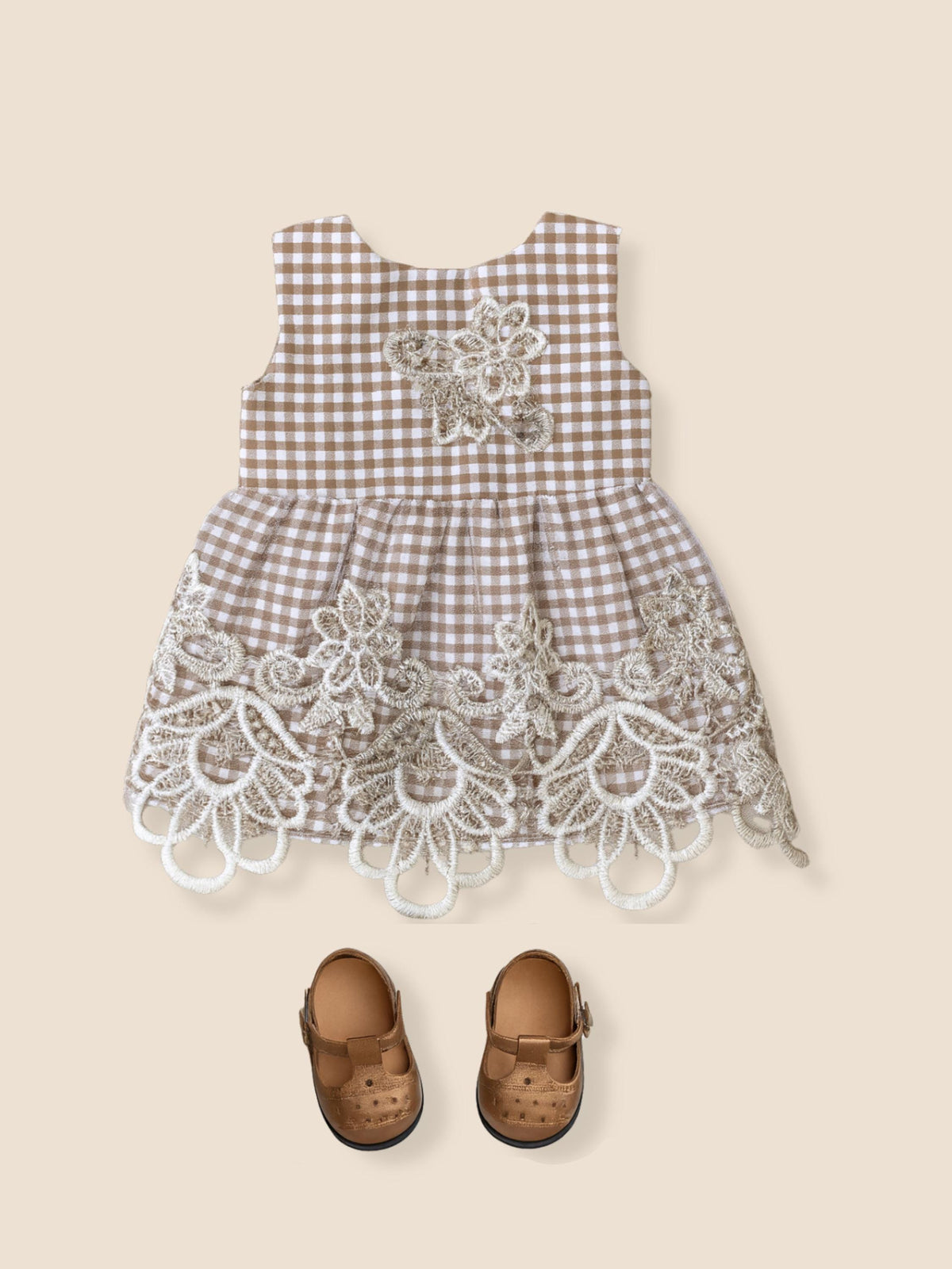 Taupe Gingham Dress with Scalloped Lace Hem & Floral Applique, 18 Inch Doll Outfit— The Harper