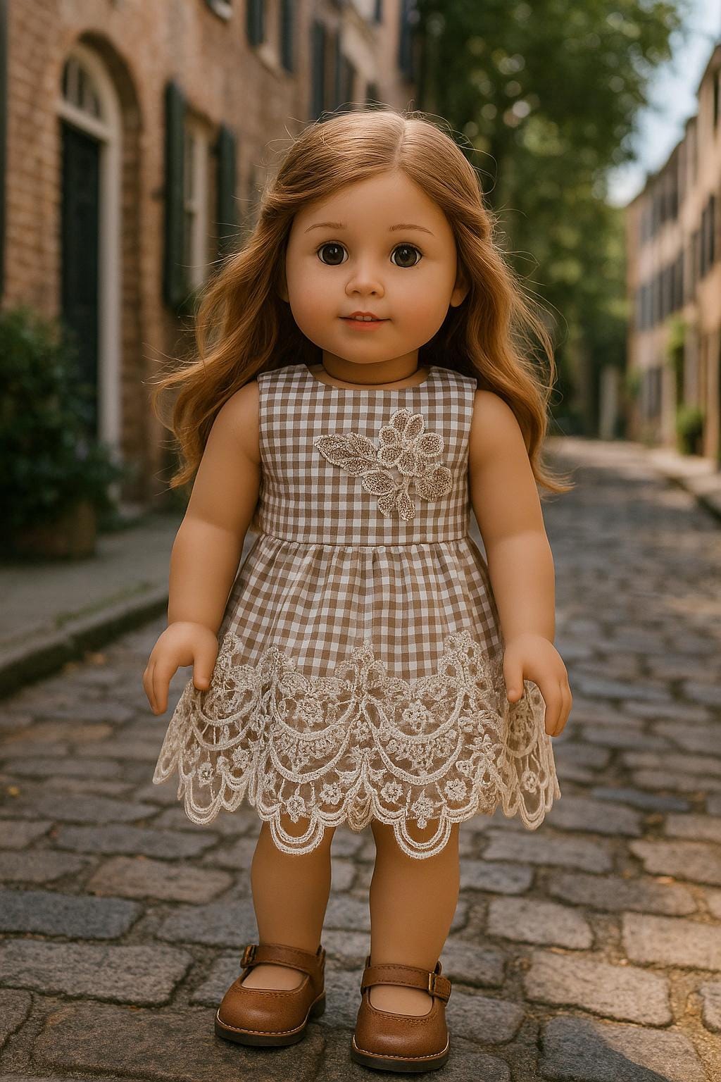 Taupe Gingham Dress with Scalloped Lace Hem & Floral Applique, 18 Inch Doll Outfit— The Harper