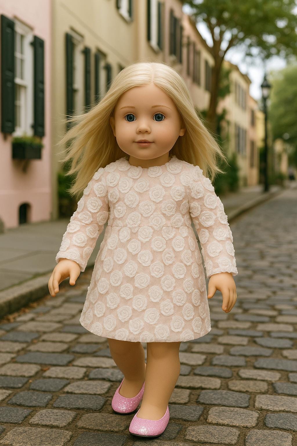 Blush Pink 3D Rosette Long-Sleeve Dress, 18 Inch Doll Outfit— The Grace