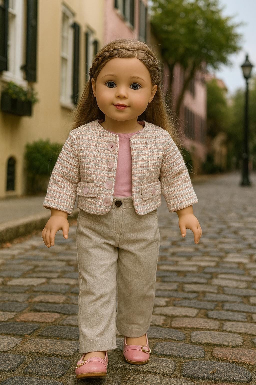 Pink Woven Tweed Jacket, Mauve Top & Beige Trousers, 18 Inch Doll Set— The Bonnie