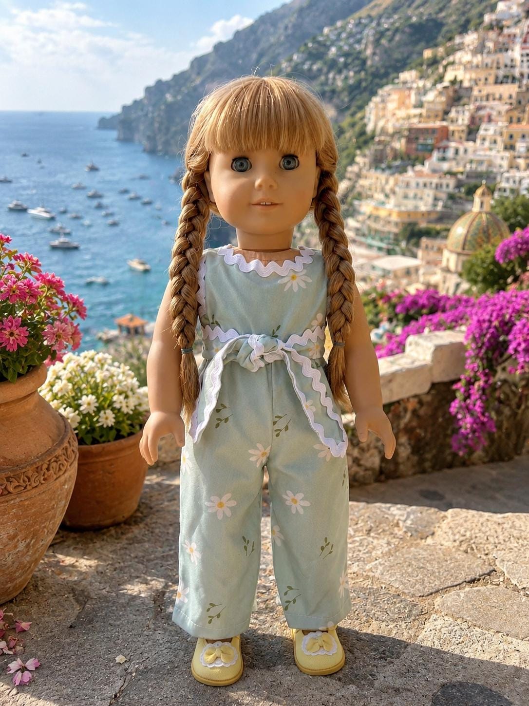 Sage Green Daisy Wide-Leg Jumpsuit with Yellow Bow Shoes, 18 Inch Doll Outfit - The Capri
