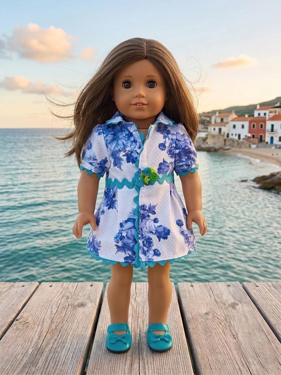 Blue Floral Shirt Dress with Turquoise Bow Shoes, 18 Inch Doll Outfit - The Marina