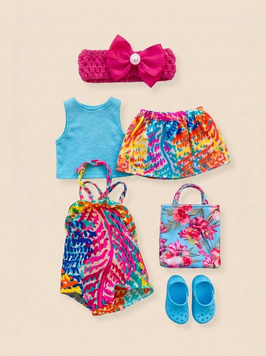 18 Inch Doll Outfit, Turquoise Tank, Abstract Skirt, Floral Tote, Pink Bow Headband- The Gigi