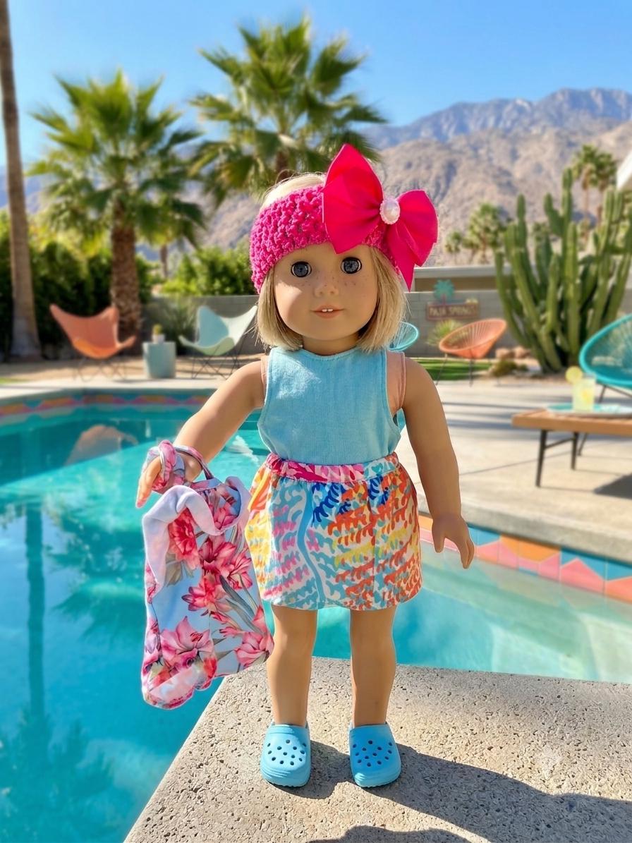 18 Inch Doll Outfit, Turquoise Tank, Abstract Skirt, Floral Tote, Pink Bow Headband- The Gigi