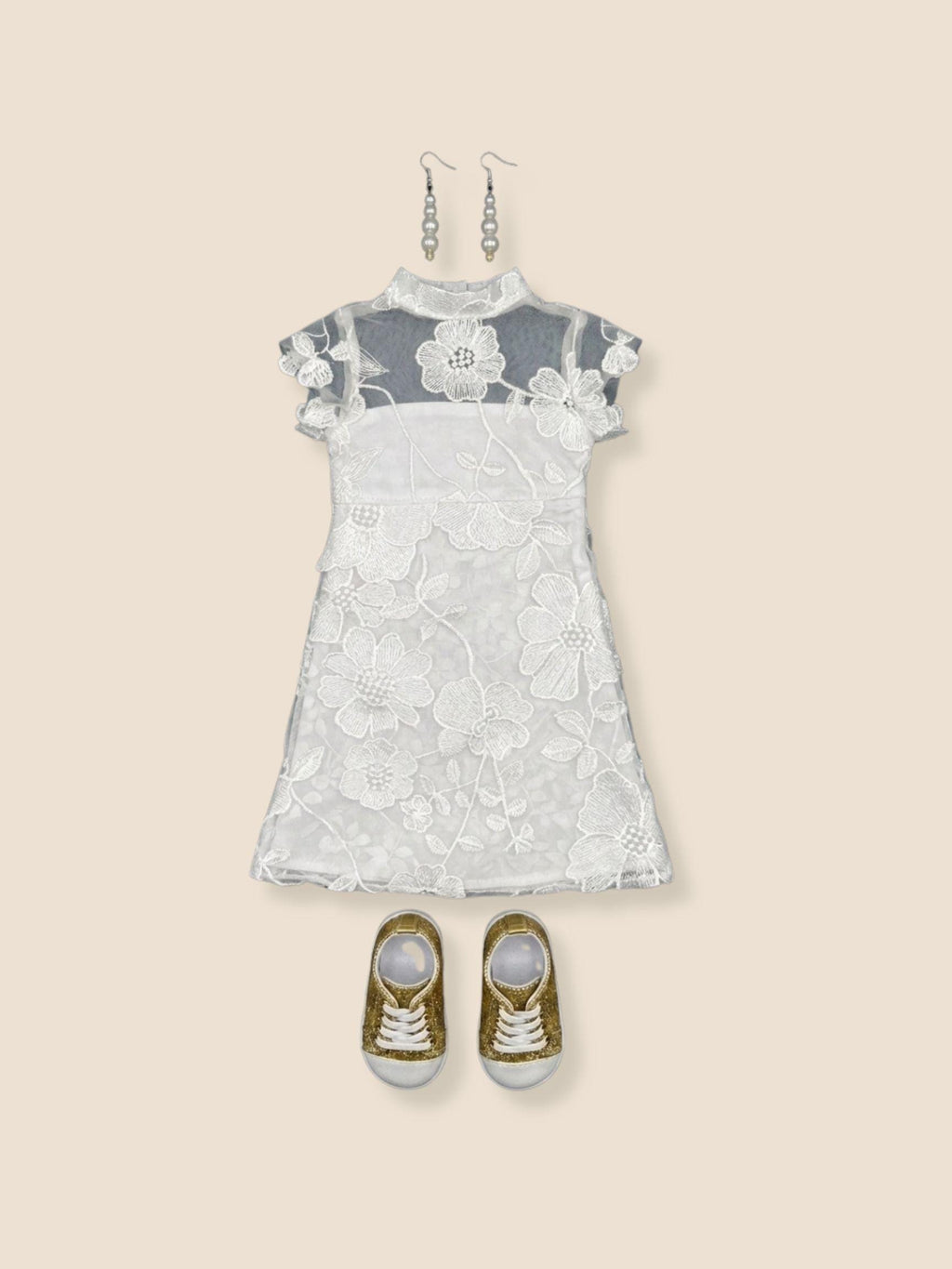White Floral Lace High-Neck Evening Dress, 18 Inch Doll Outfit— The Ariana