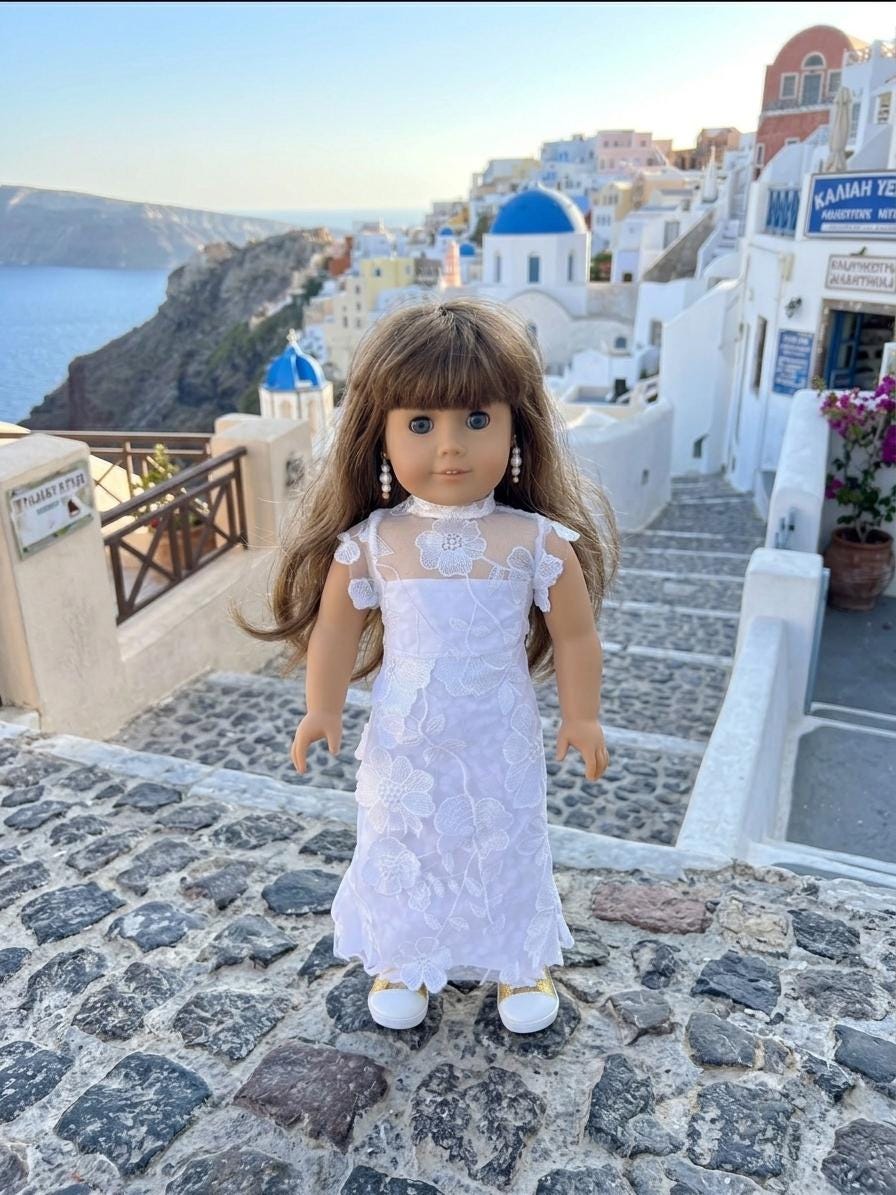 White Floral Lace High-Neck Evening Dress, 18 Inch Doll Outfit— The Ariana