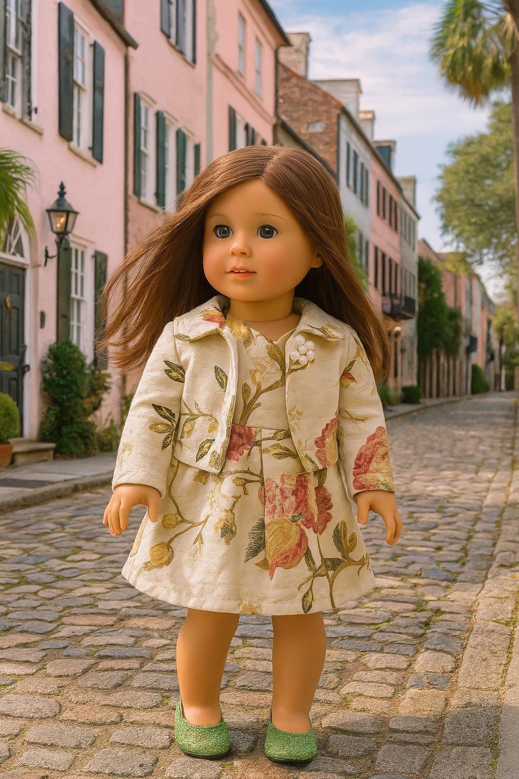 Floral Tapestry Jacquard Dress & Tailored Jacket Set, 18 Inch Doll Outfit— The Eloise