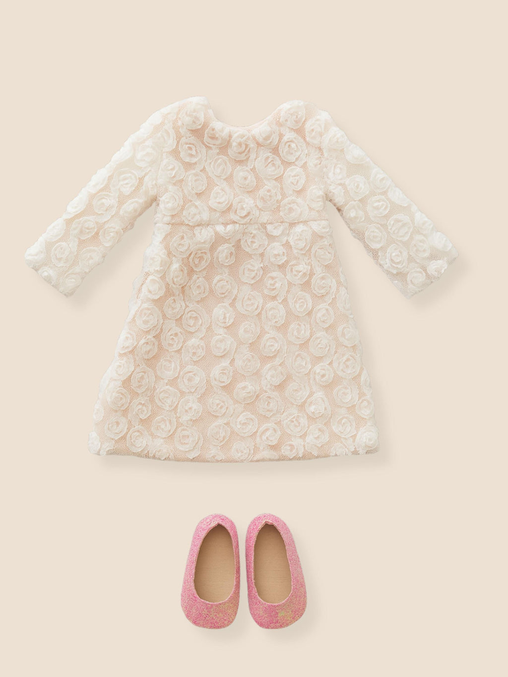 Blush Pink 3D Rosette Long-Sleeve Dress, 18 Inch Doll Outfit— The Grace