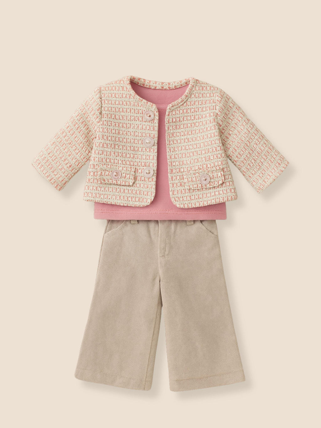 Pink Woven Tweed Jacket, Mauve Top & Beige Trousers, 18 Inch Doll Set— The Bonnie