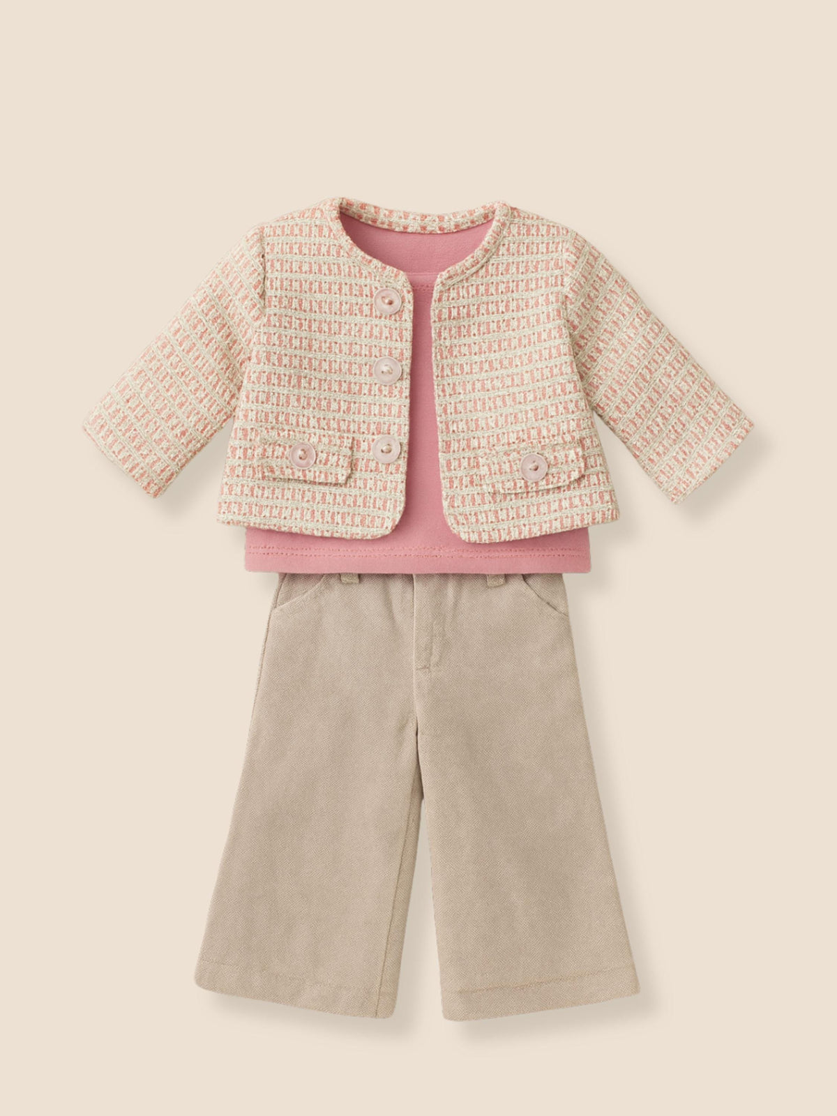 Pink Woven Tweed Jacket, Mauve Top & Beige Trousers, 18 Inch Doll Set— The Bonnie