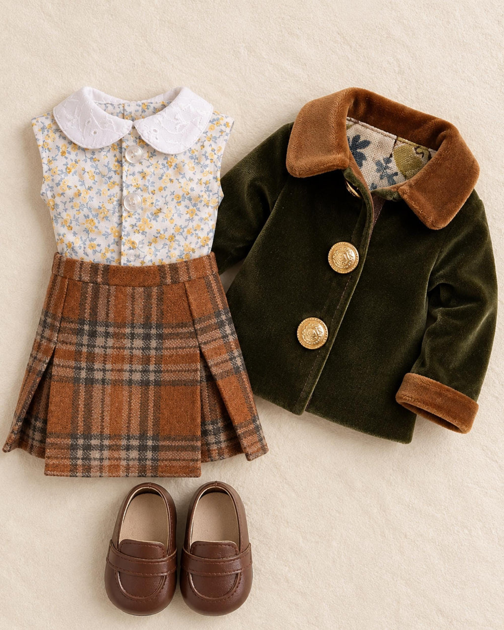 18 Inch Doll Outfit, Olive Velvet Coat and Plaid Skirt – The Rowan