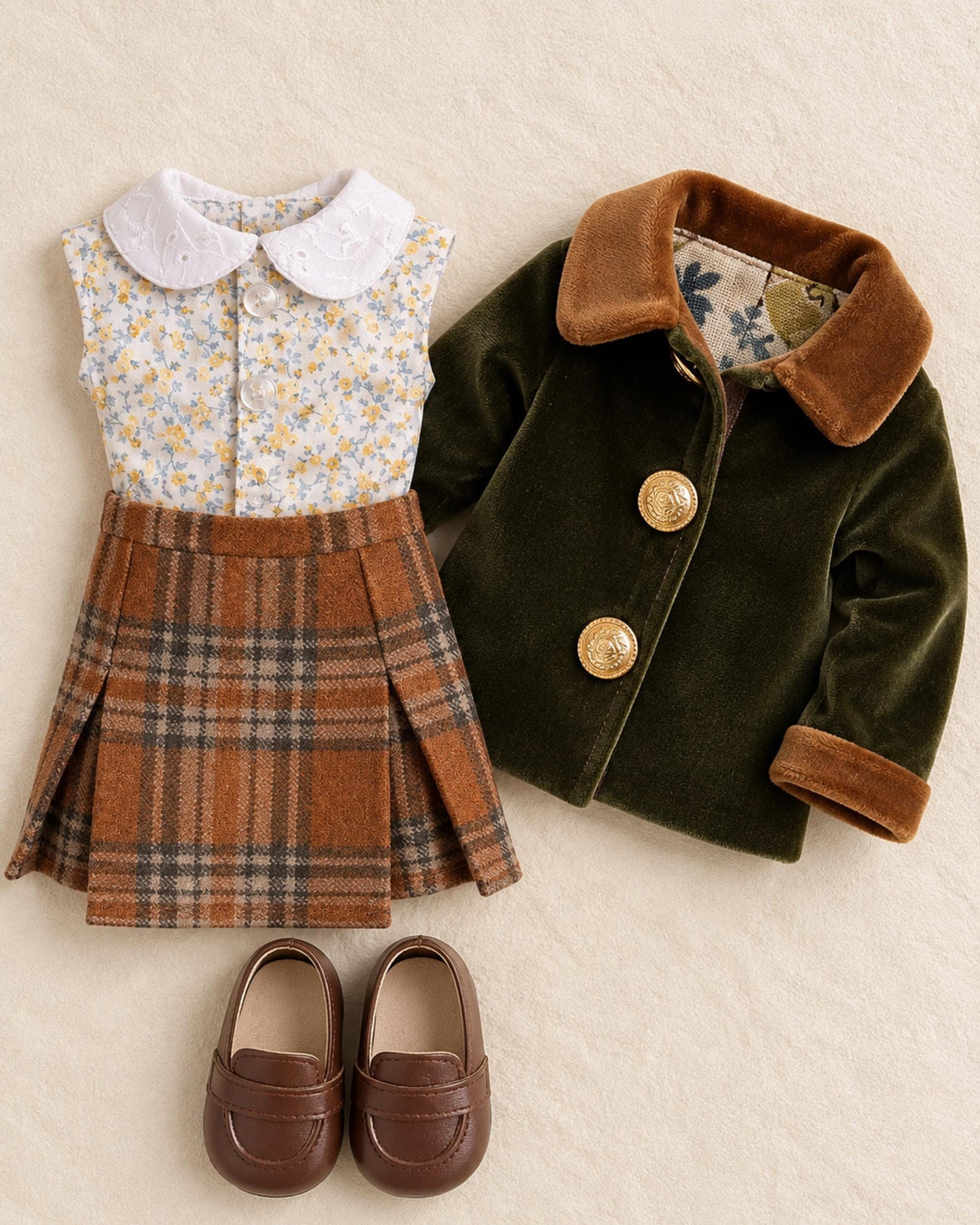 18 Inch Doll Outfit, Olive Velvet Coat and Plaid Skirt – The Rowan
