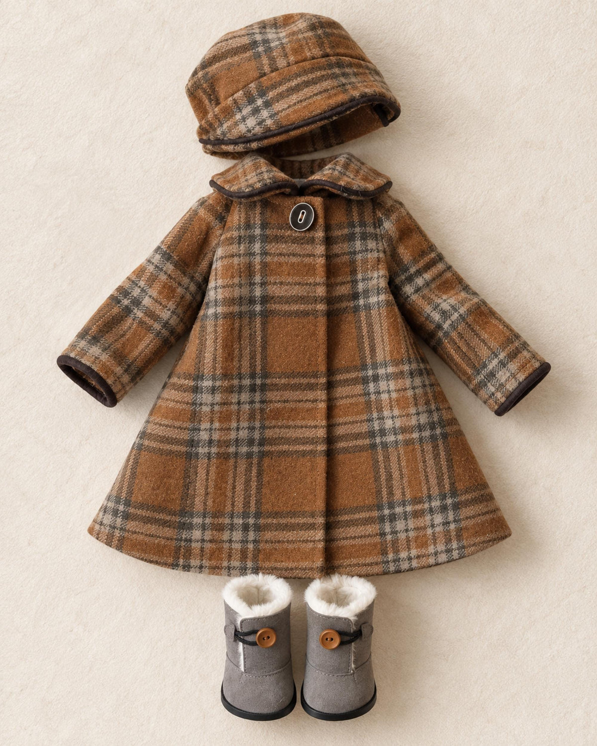 18 Inch Doll Outfit, Brown Plaid Coat and Matching Hat – The Blythe
