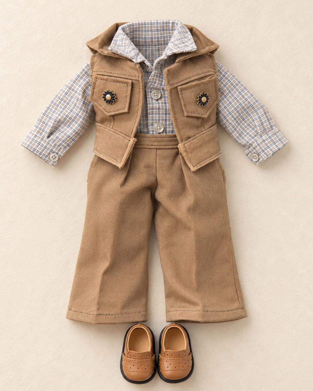 18 Inch Doll Outfit, Tan Suede Vest and Plaid Shirt – The Marigold
