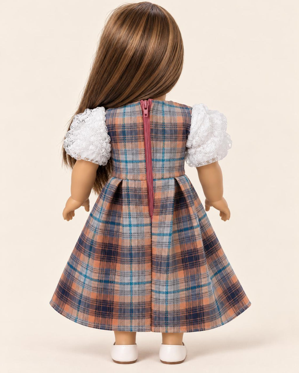 18 Inch Doll Outfit, Blue and Orange Plaid Puff Sleeve Dress – The Sybil