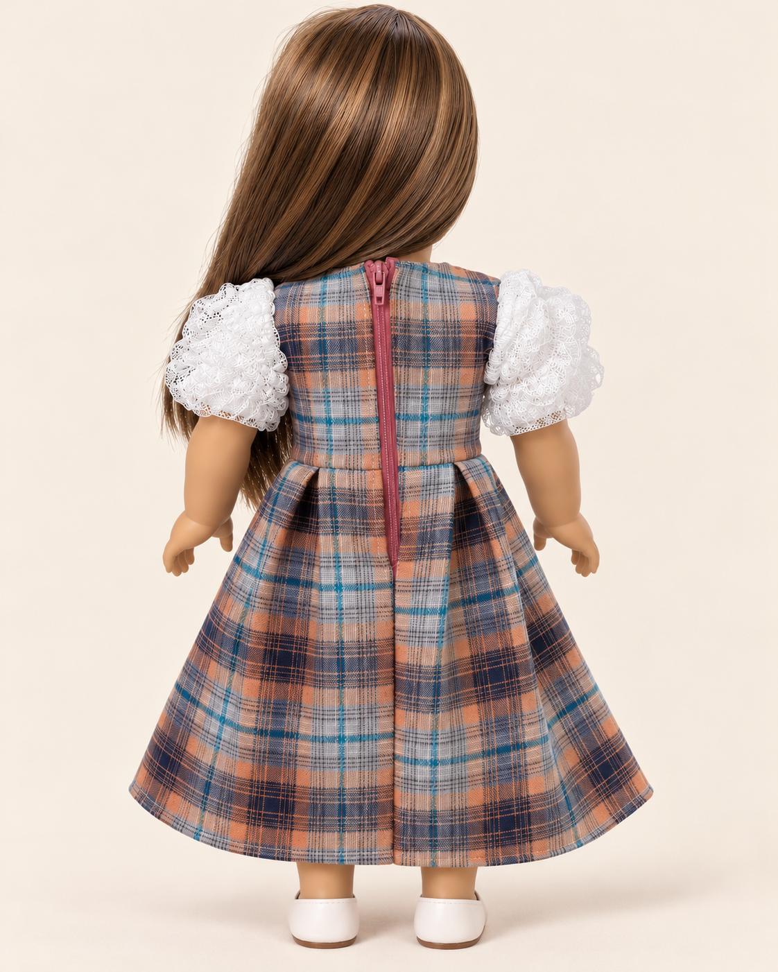 18 Inch Doll Outfit, Blue and Orange Plaid Puff Sleeve Dress – The Sybil