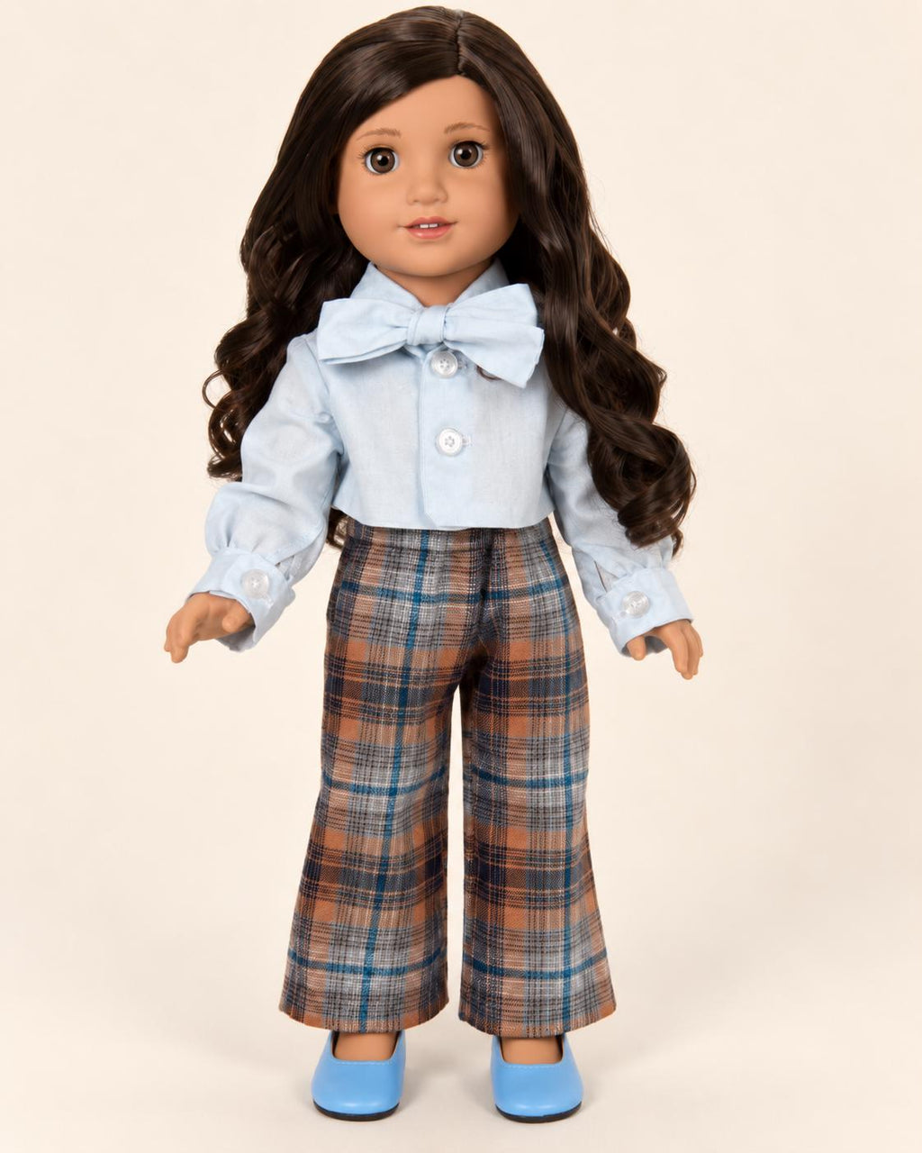 18 Inch Doll Outfit, Plaid Pantsuit with Blue Bow Tie – The Maple
