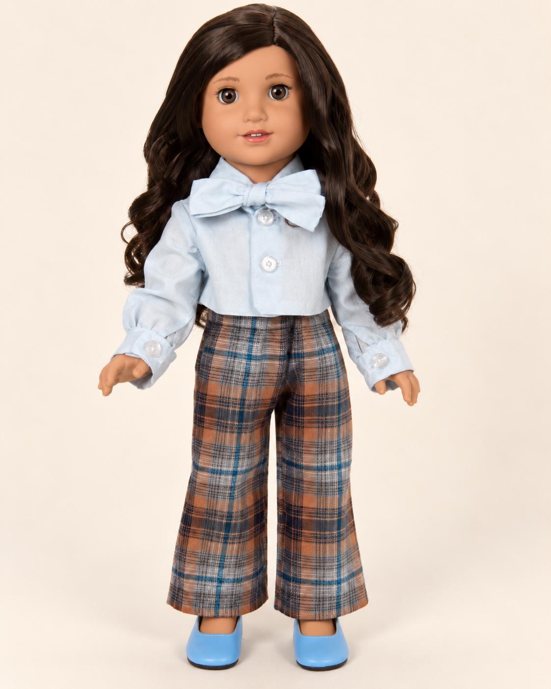18 Inch Doll Outfit, Plaid Pantsuit with Blue Bow Tie – The Maple