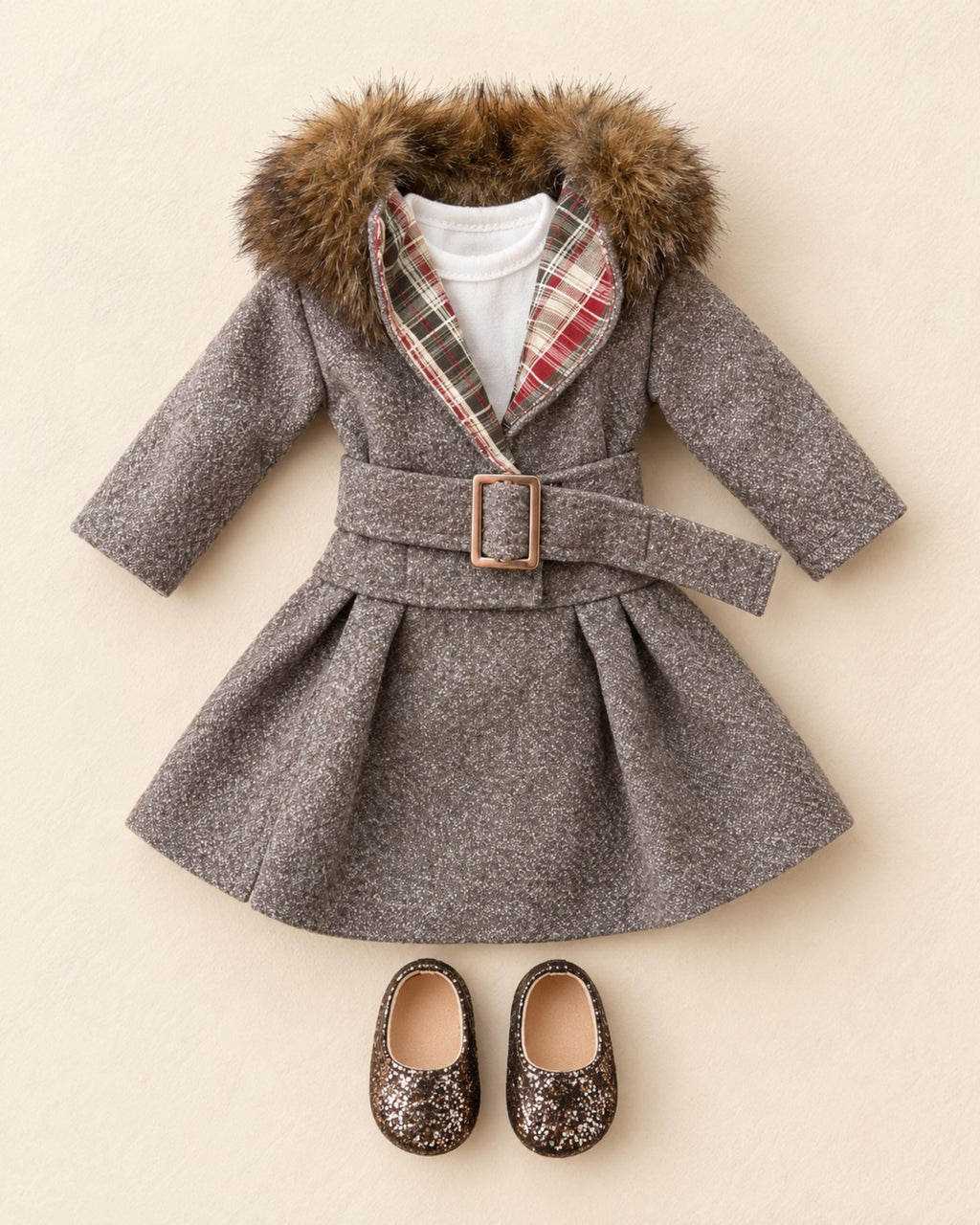 18 Inch Doll Outfit, Gray Tweed Trench Coat with Faux Fur Collar – The Gaia
