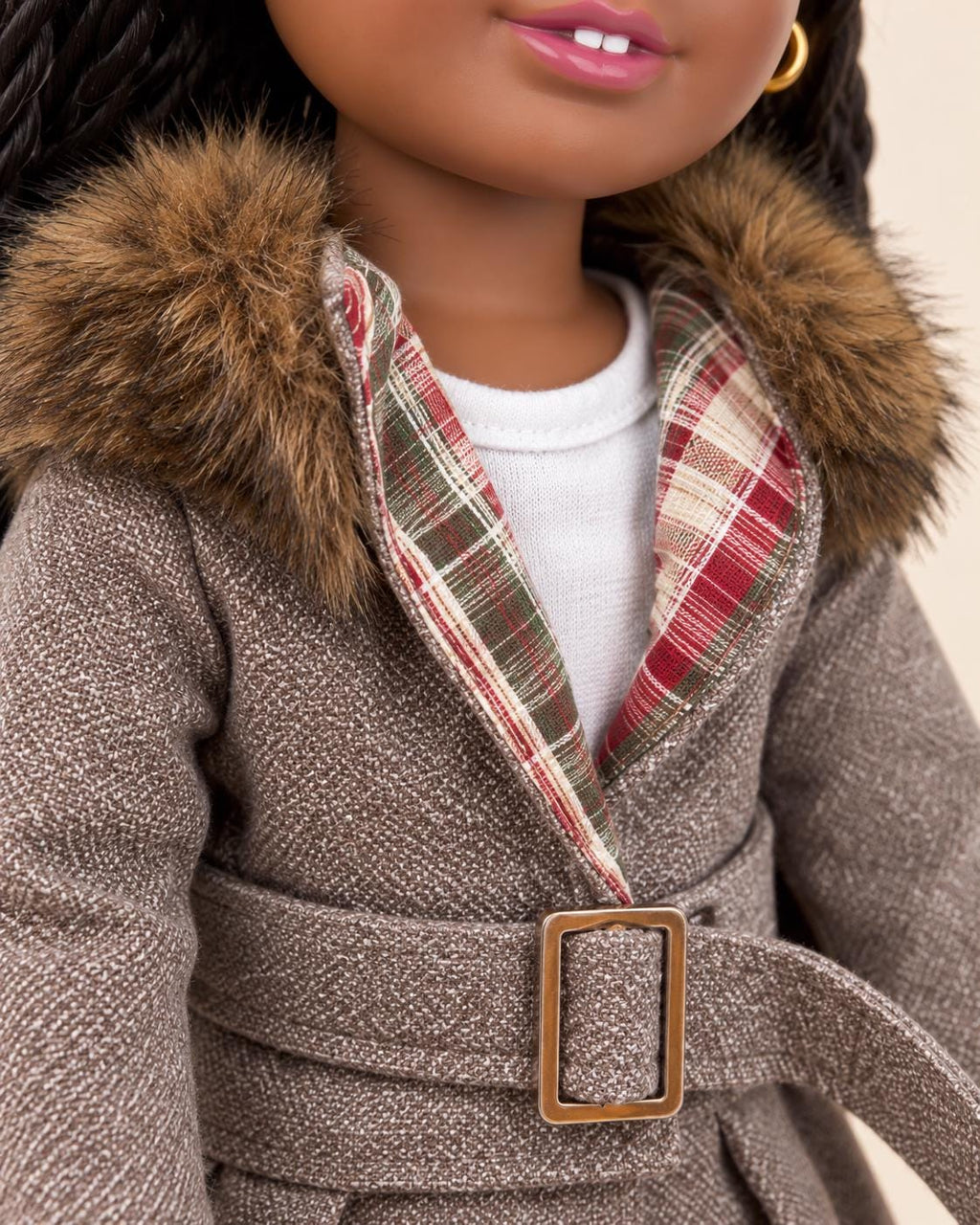 18 Inch Doll Outfit, Gray Tweed Trench Coat with Faux Fur Collar – The Gaia