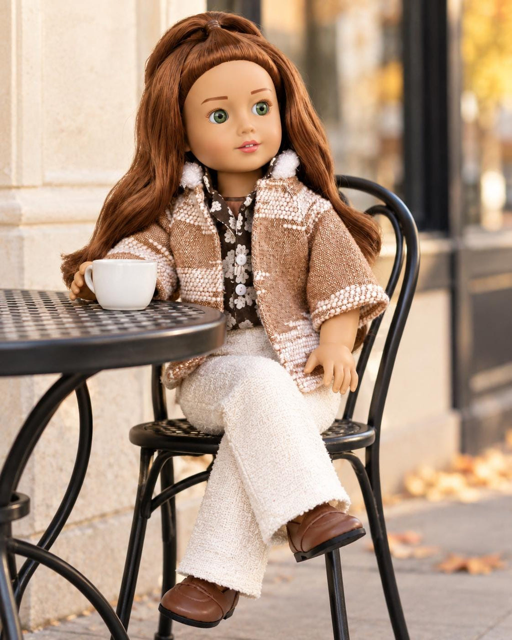 18 Inch Doll Outfit, Textured Knit Poncho Jacket and White Pants – The Juniper