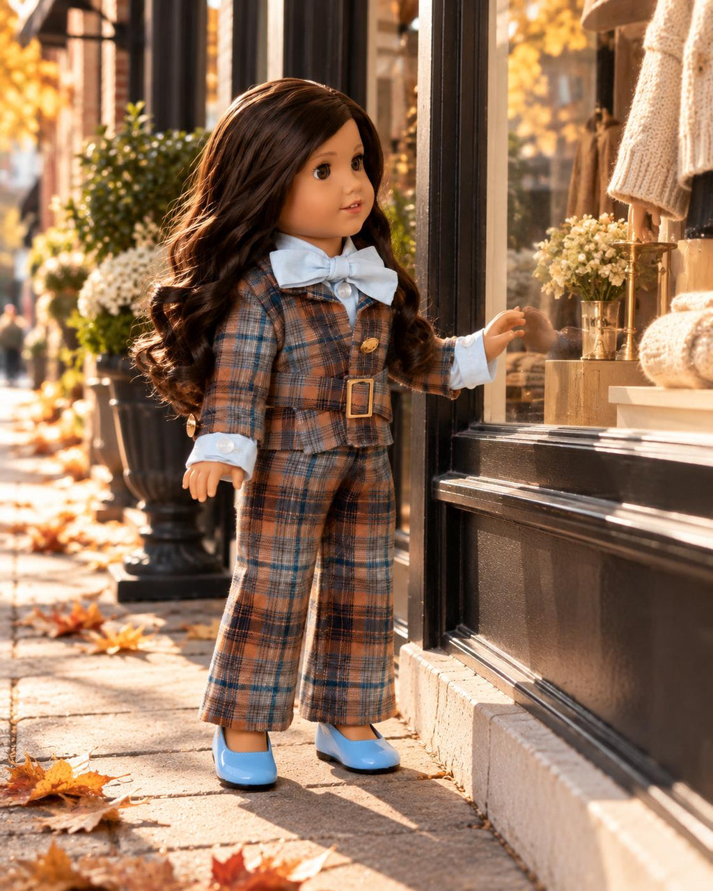 18 Inch Doll Outfit, Plaid Pantsuit with Blue Bow Tie – The Maple