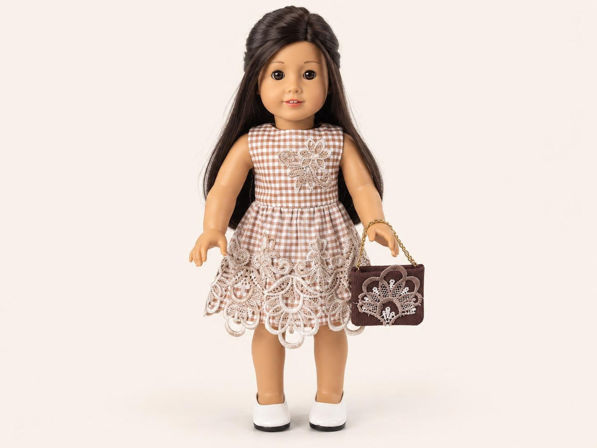 Taupe Gingham Dress with Scalloped Lace Hem & Floral Applique, 18 Inch Doll Outfit— The Harper