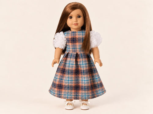 18 Inch Doll Outfit, Blue and Orange Plaid Puff Sleeve Dress – The Sybil