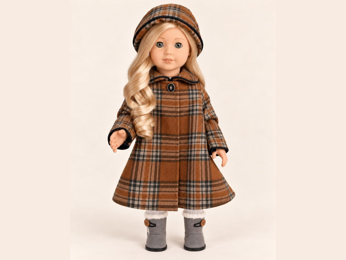 18 Inch Doll Outfit, Brown Plaid Coat and Matching Hat – The Blythe