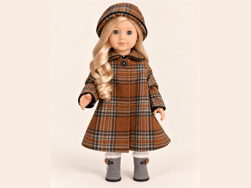 18 Inch Doll Outfit, Brown Plaid Coat and Matching Hat – The Blythe