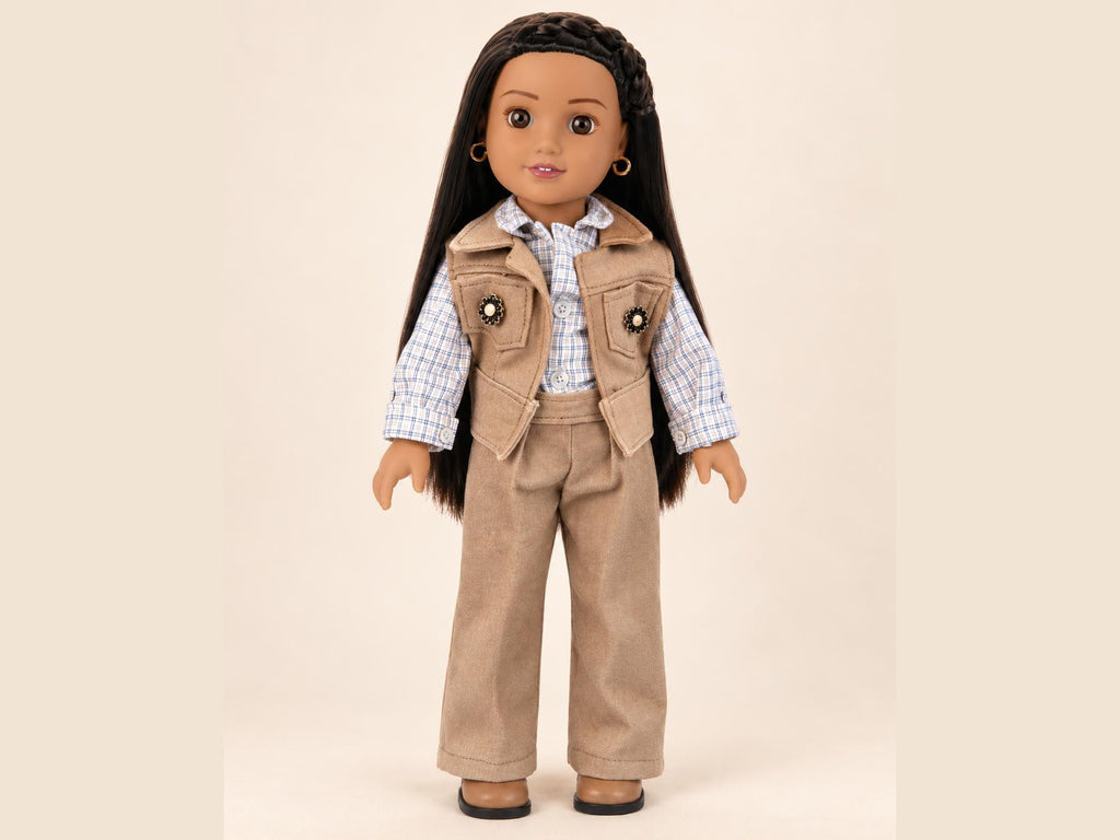 18 Inch Doll Outfit, Tan Suede Vest and Plaid Shirt – The Marigold