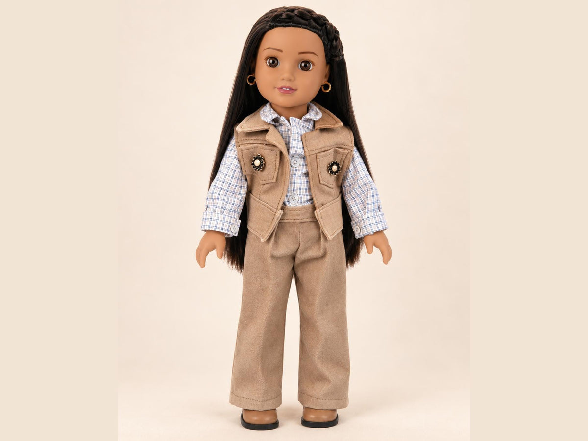 18 Inch Doll Outfit, Tan Suede Vest and Plaid Shirt – The Marigold