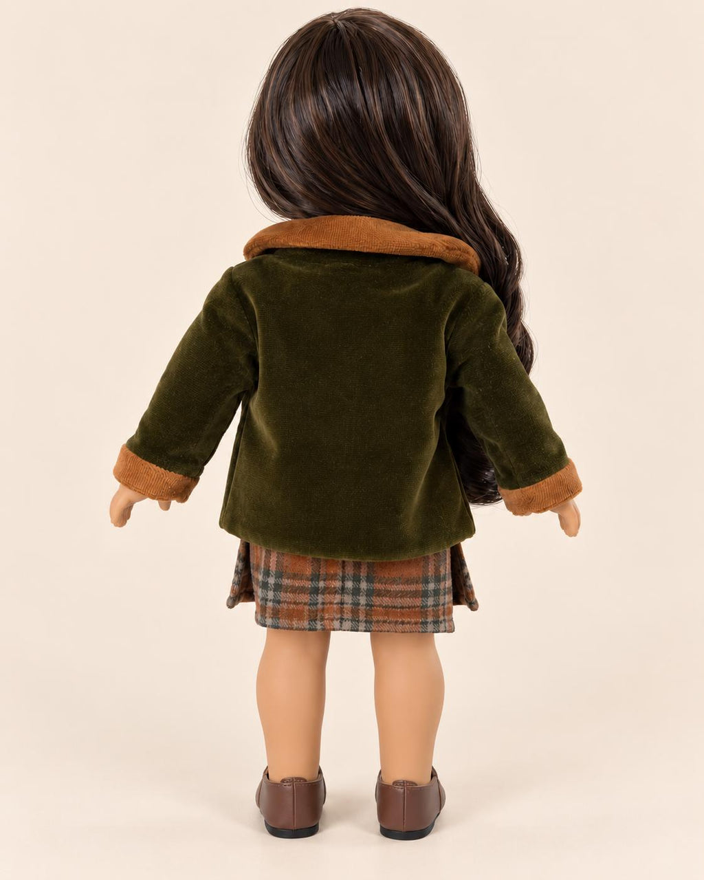 18 Inch Doll Outfit, Olive Velvet Coat and Plaid Skirt – The Rowan