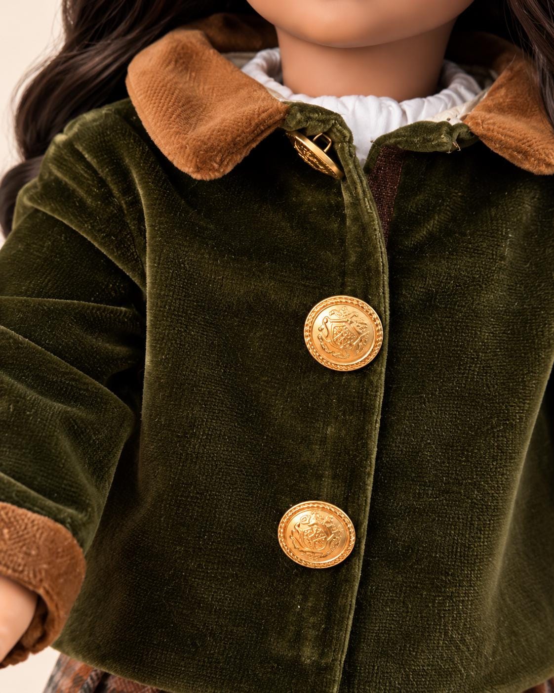 18 Inch Doll Outfit, Olive Velvet Coat and Plaid Skirt – The Rowan