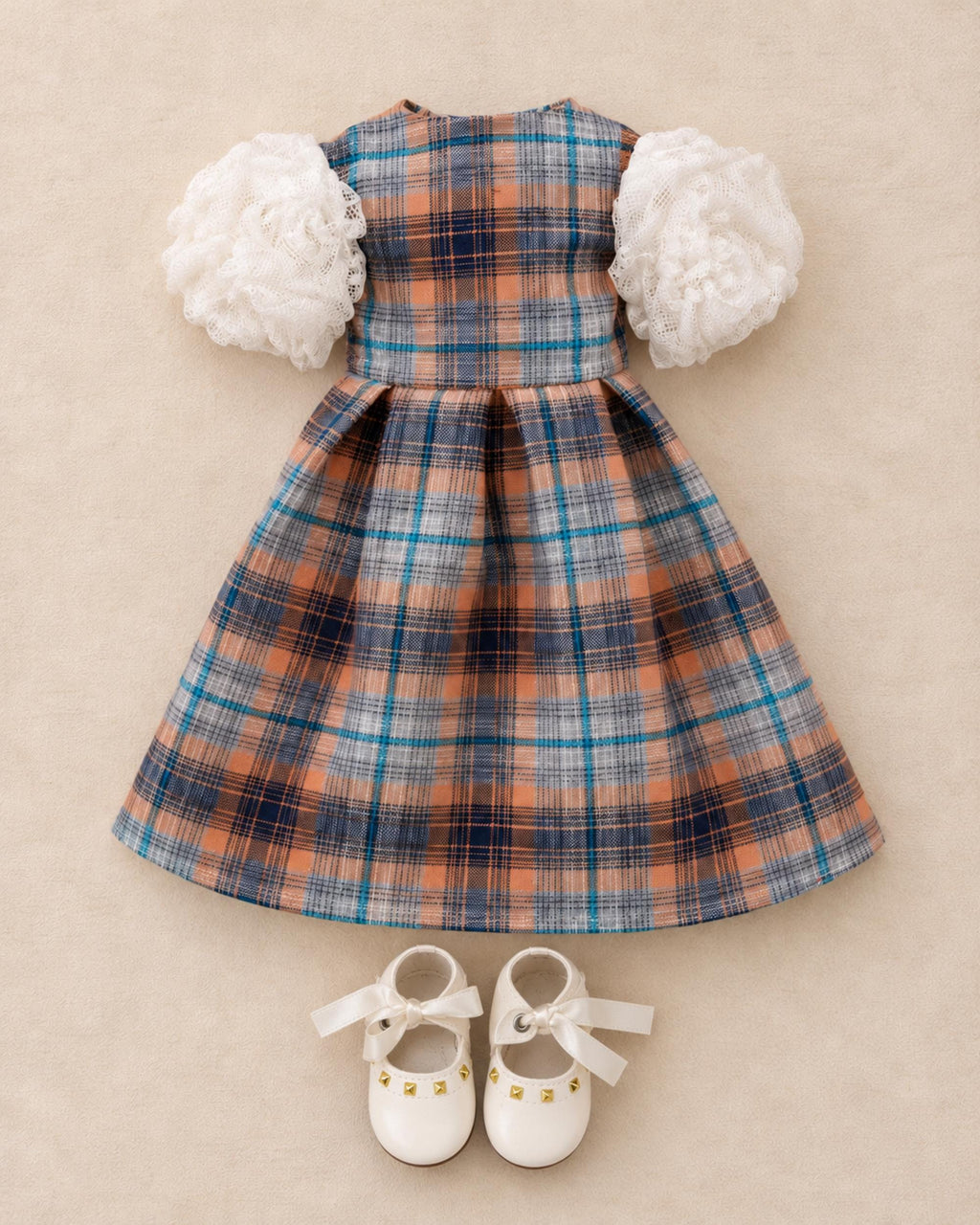 18 Inch Doll Outfit, Blue and Orange Plaid Puff Sleeve Dress – The Sybil