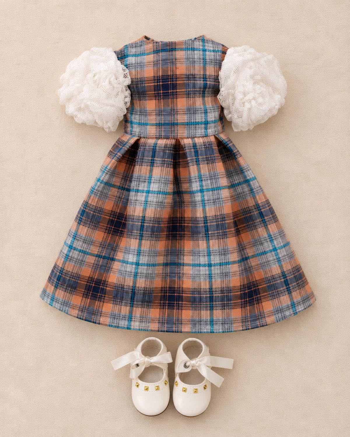 18 Inch Doll Outfit, Blue and Orange Plaid Puff Sleeve Dress – The Sybil