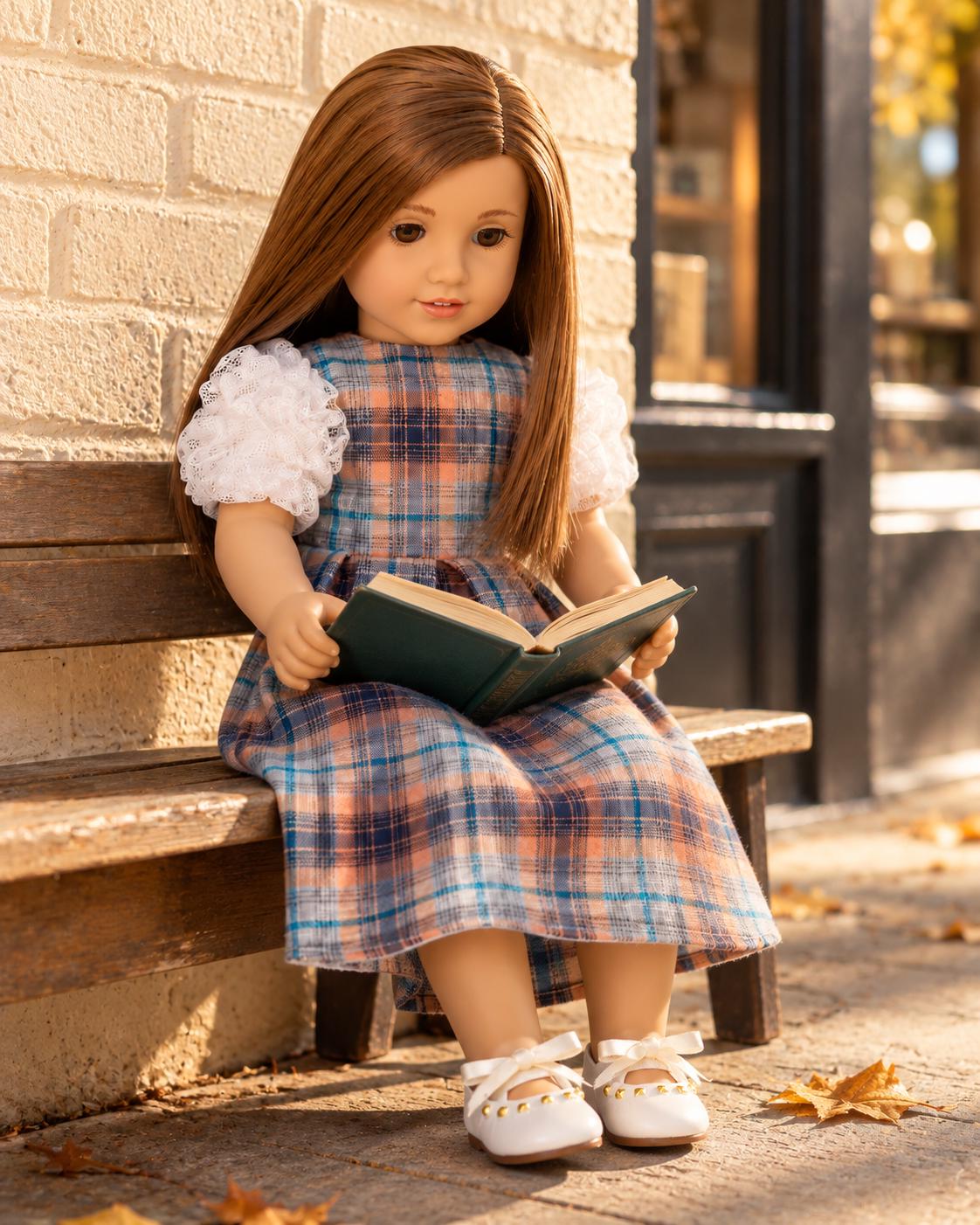 18 Inch Doll Outfit, Blue and Orange Plaid Puff Sleeve Dress – The Sybil