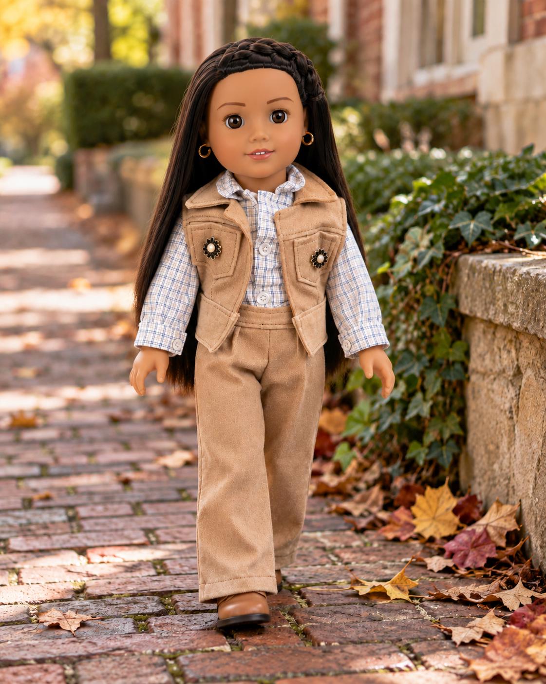 18 Inch Doll Outfit, Tan Suede Vest and Plaid Shirt – The Marigold