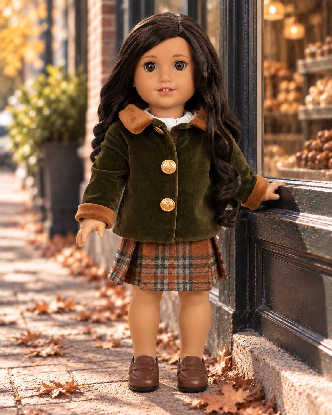 18 Inch Doll Outfit, Olive Velvet Coat and Plaid Skirt – The Rowan