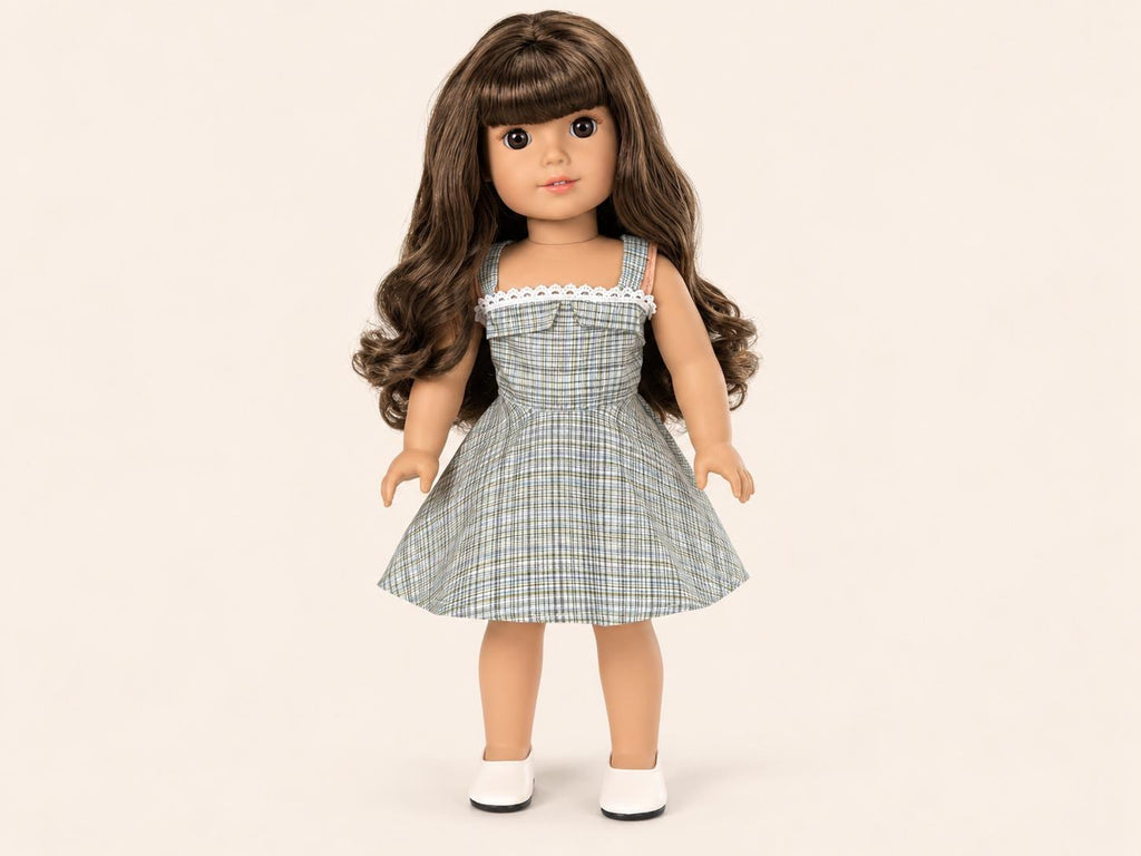 18 Inch Doll Outfit, Plaid Dress with Lace Trim, White Shoes - The Beatrice