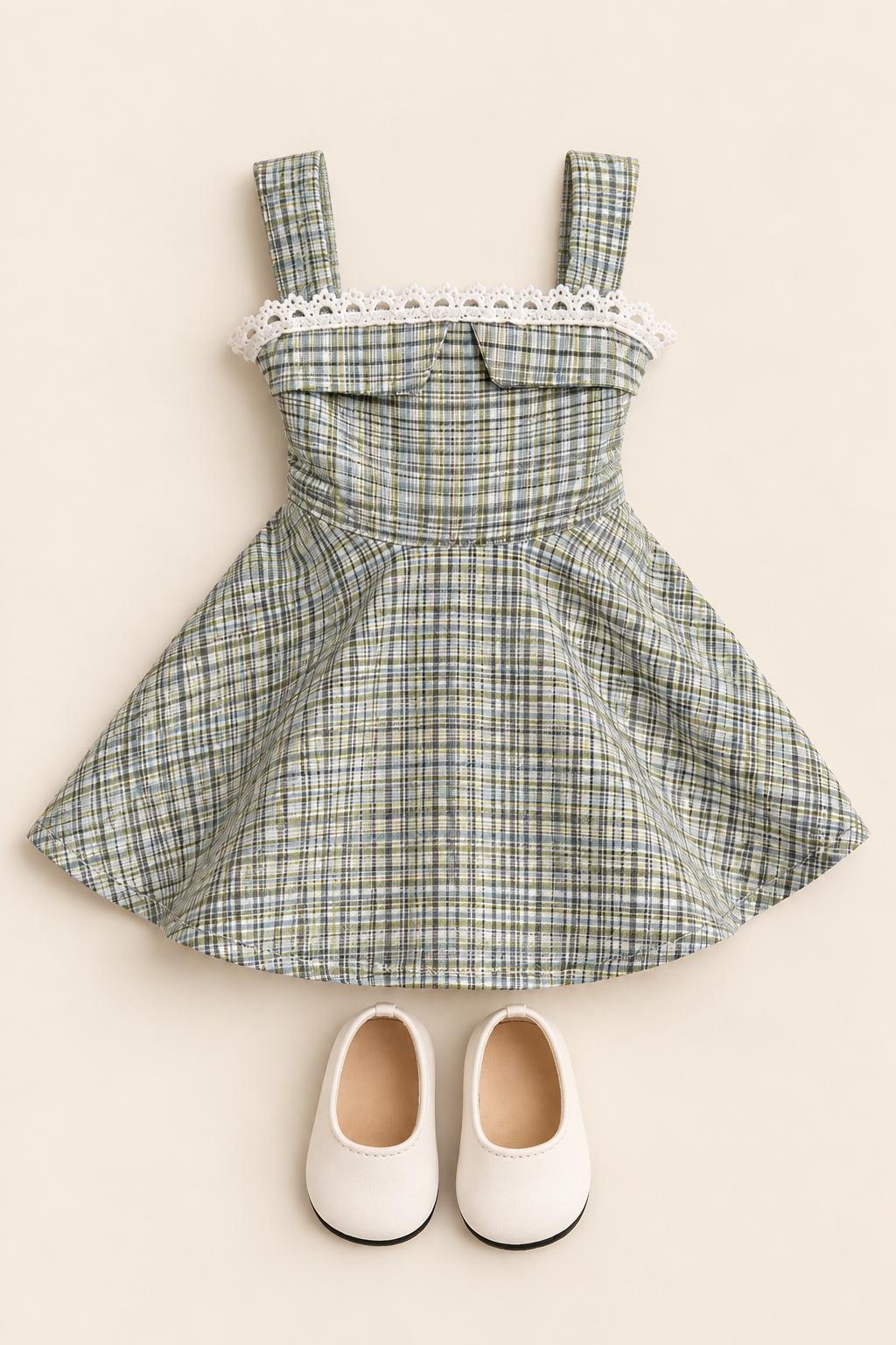 18 Inch Doll Outfit, Plaid Dress with Lace Trim, White Shoes - The Beatrice