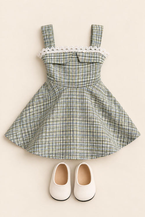 18 Inch Doll Outfit, Plaid Dress with Lace Trim, White Shoes - The Beatrice