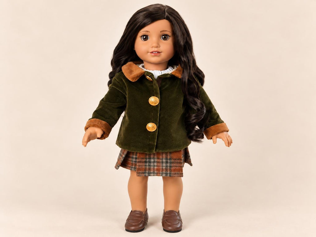 18 Inch Doll Outfit, Olive Velvet Coat and Plaid Skirt – The Rowan